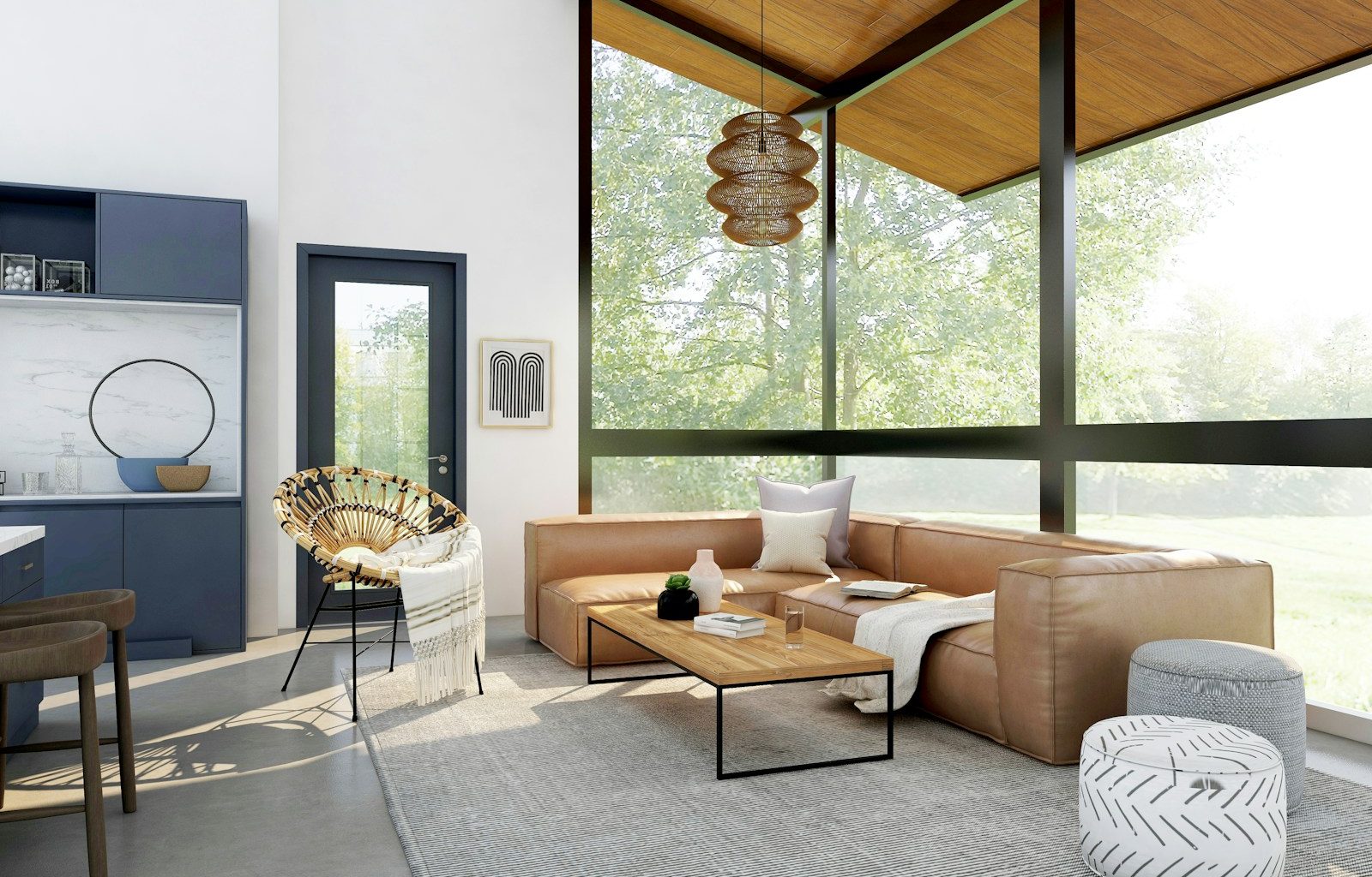 living room with brown sofa and glass window