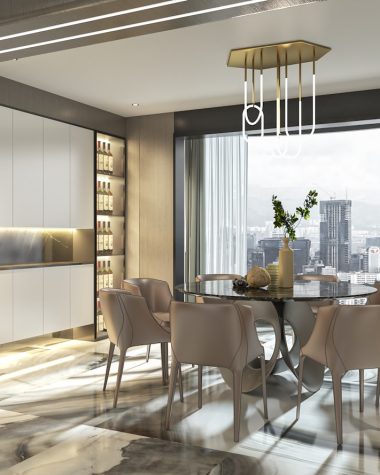 a dining room with a glass table surrounded by chairs