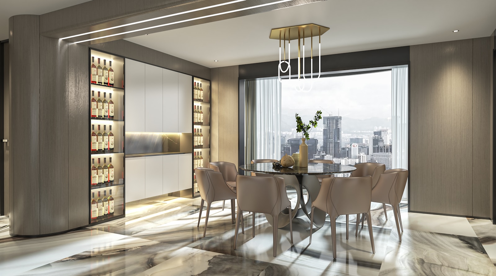 a dining room with a glass table surrounded by chairs