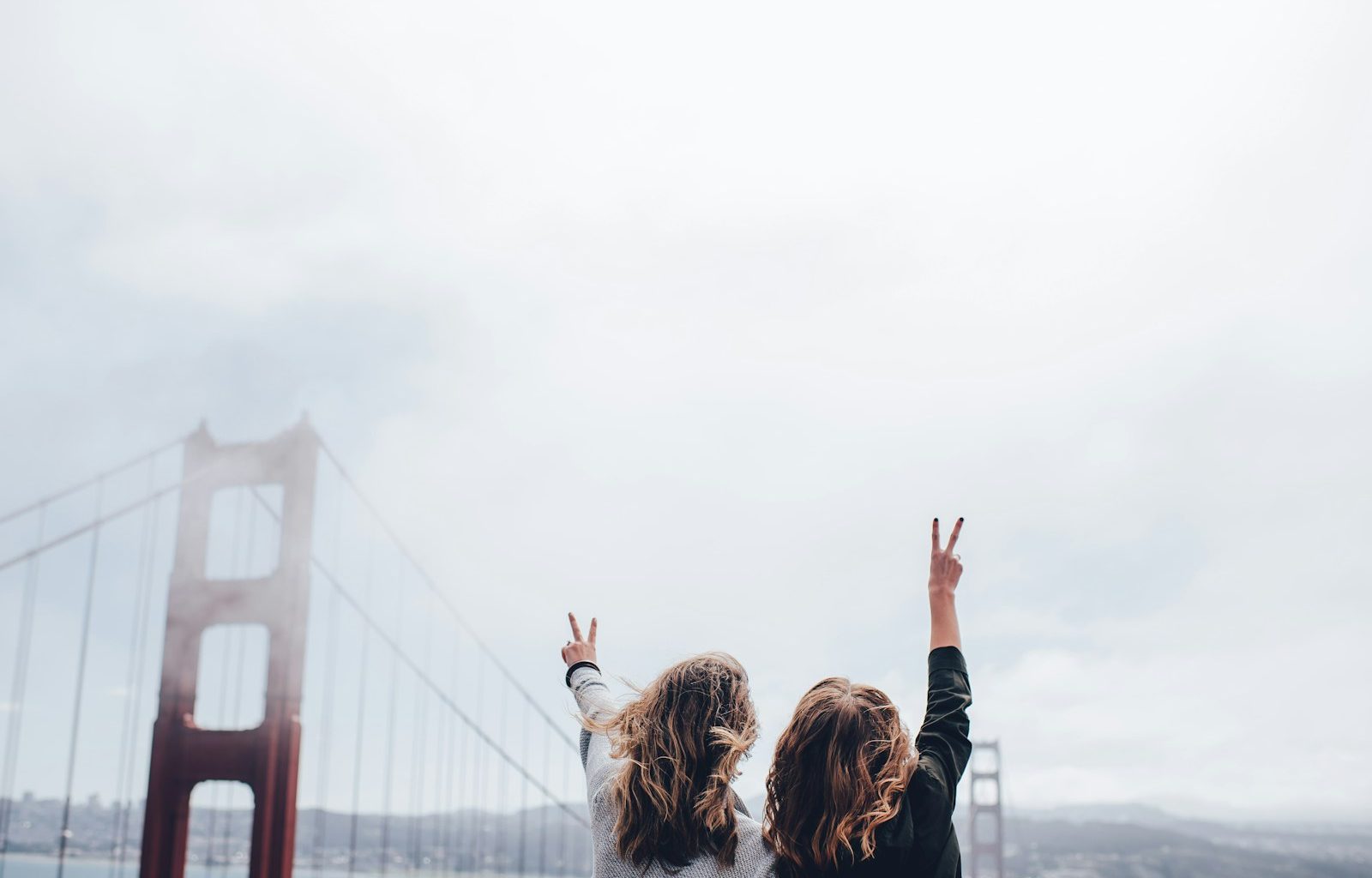 two women making peace sign near the Golden Gate bridge