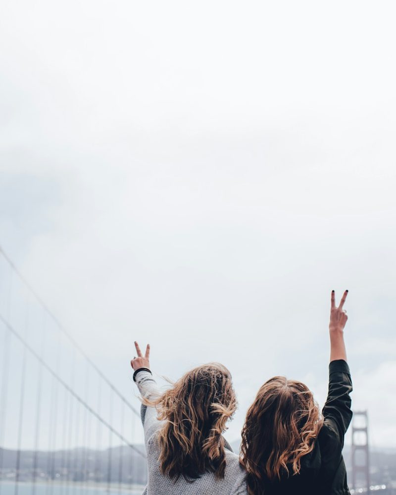 two women making peace sign near the Golden Gate bridge