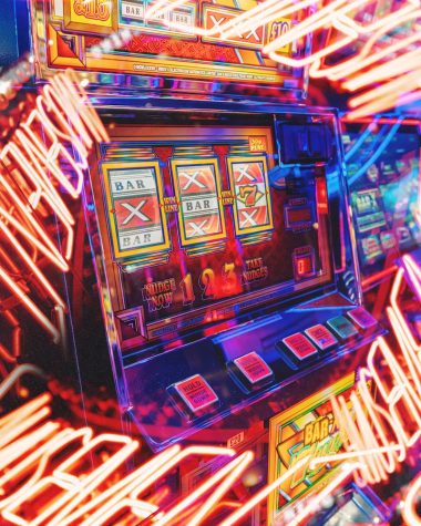 arcade game machine turned on in a room